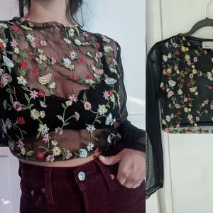 Embroidered floral mesh crop top